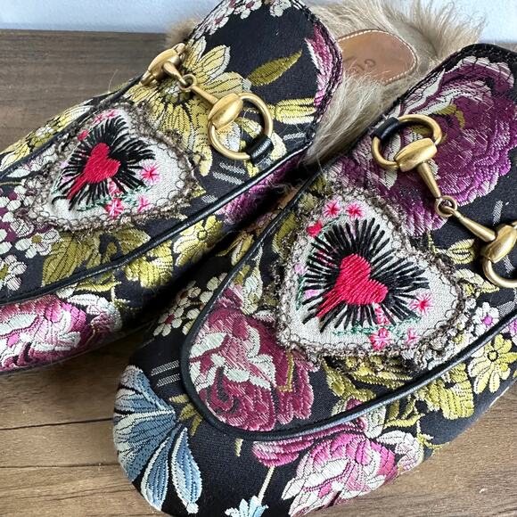 Gucci Princetown Jacquard Kangaroo EU 37 US 6.5/7 Horsebit Fur Heart Mule Slides - Picture 12 of 12